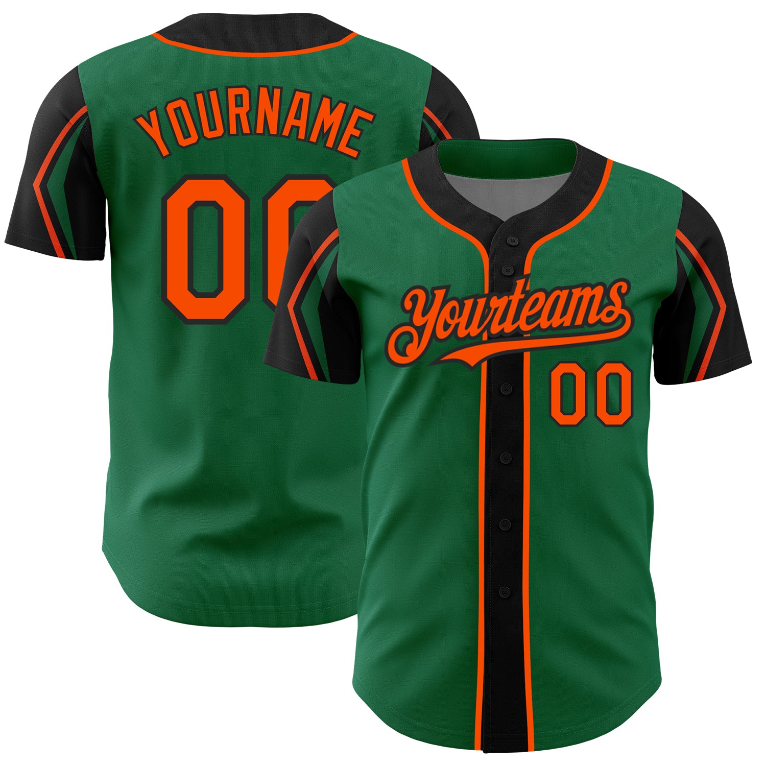 Custom Team Baseball Jersey with Personalized Name and Number in Kelly Green, Orange, Black - Authentic 3-Color Arm Design