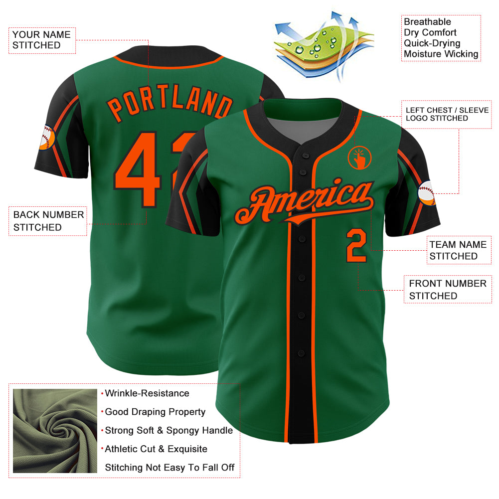 Personalized Kelly Green Orange-Black 3 Colors Arm Shapes Authentic Baseball Jersey Team Custom Name and Number Custom Team Baseball Jersey with Personalized Name and Number in Kelly Green, Orange, Black - Authentic 3-Color Arm Design - Image 4