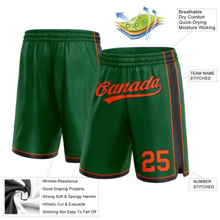 Custom Team Name and Number Basketball Shorts in Kelly Green, Orange, and Black - Authentic Design Personalized Kelly Green