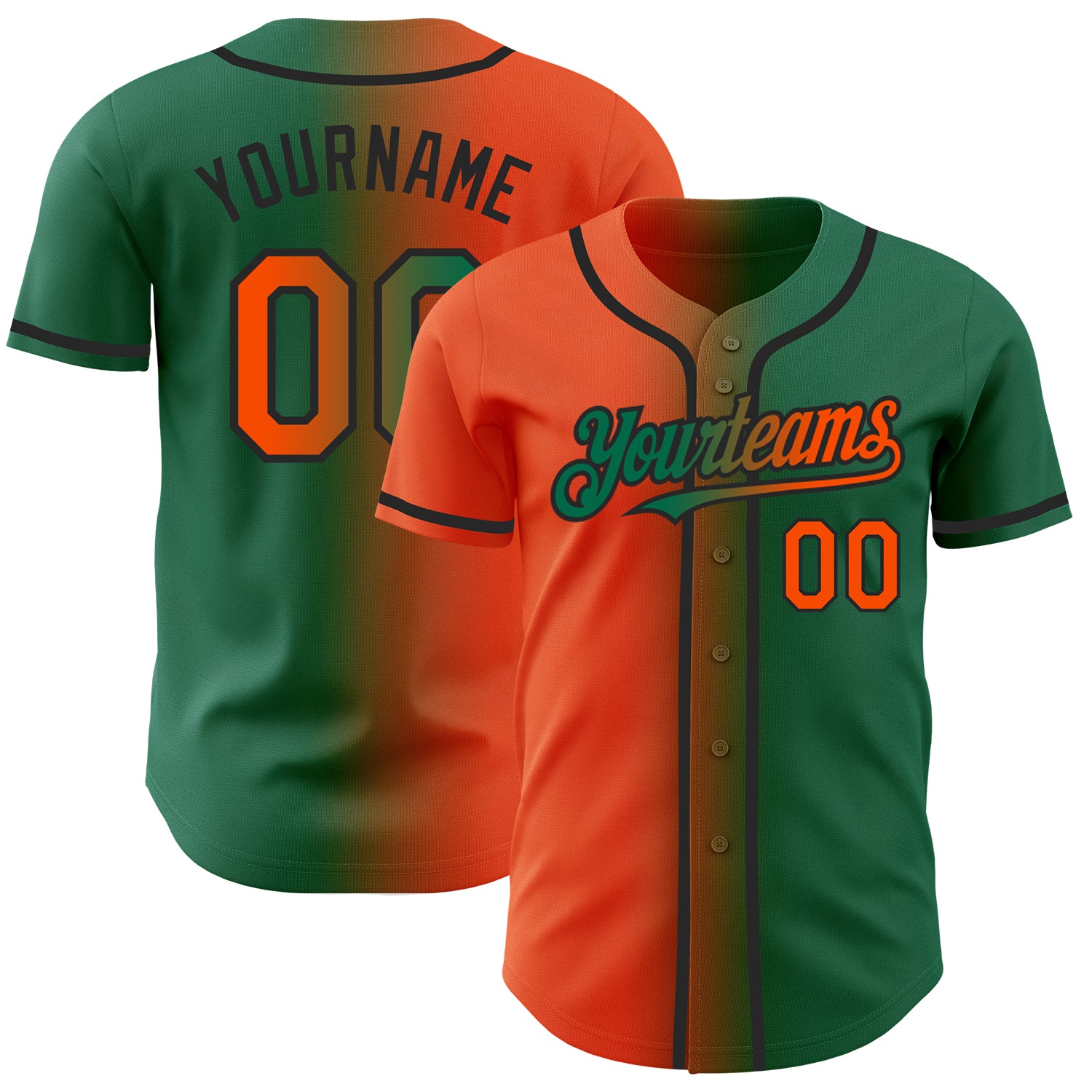 Custom Name & Number Authentic Orange-Black Gradient Baseball Jersey in Kelly Green - Personalized Team Apparel Personalized
