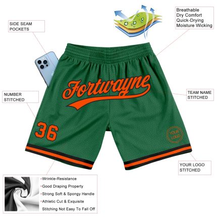 Personalized Green Orange Black Basketball Shorts - Authentic Throwback Style Personalized Kelly Green Orange-Black Authentic