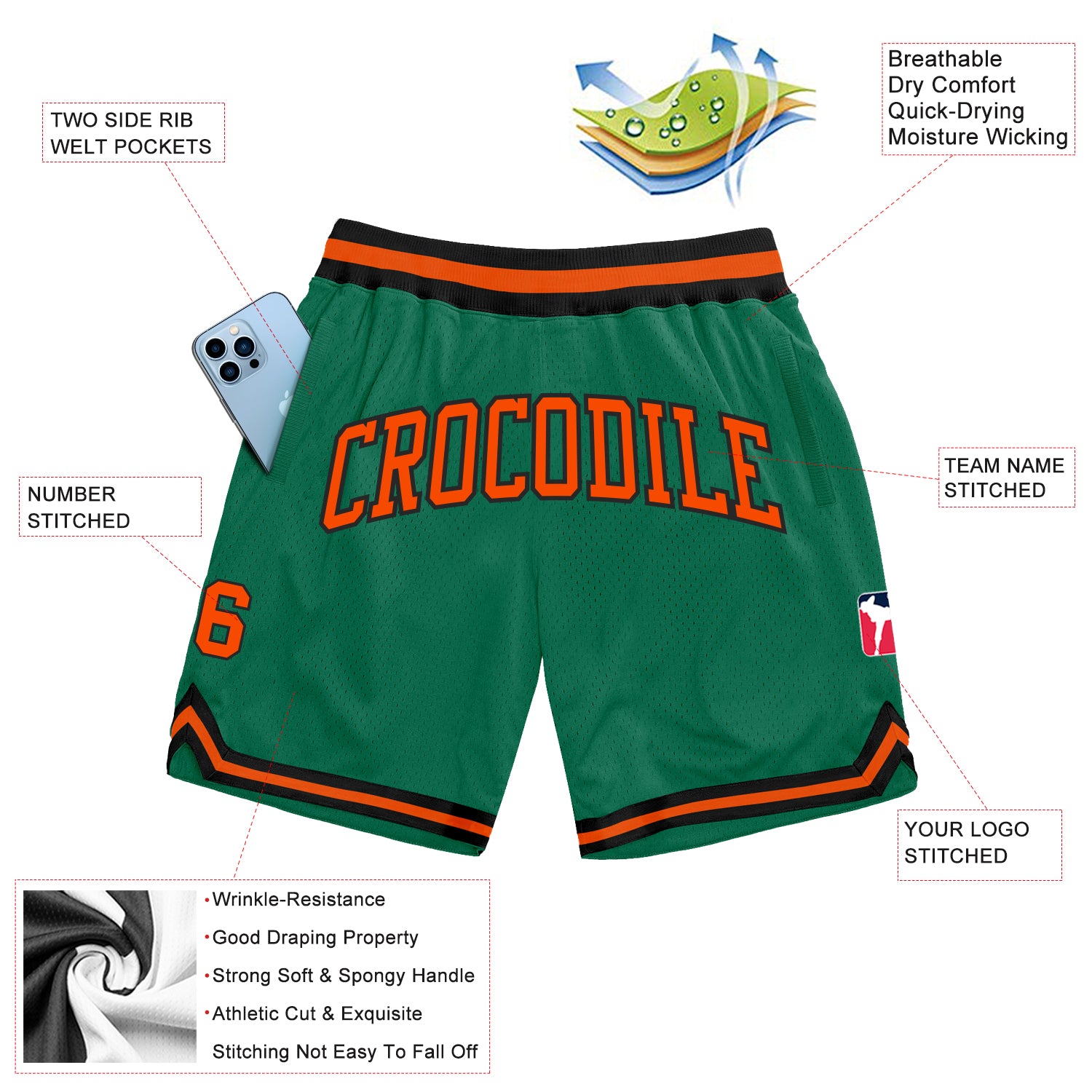 Personalized Kelly Green Orange-Black Authentic Throwback Basketball Shorts Team Custom Name and Number Custom Team Name Number Personalized Authentic Basketball Shorts Kelly Green Orange Black Personalized Kelly Green Orange-Black - Image 2