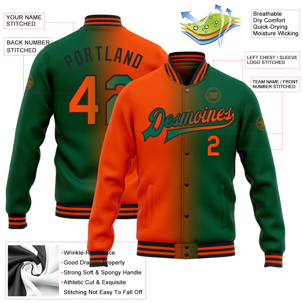 Personalized Kelly Green Orange-Black Bomber Full-Snap Varsity Letterman Gradient Fashion Jacket Team Custom Name and Number Custom Name Number Gradient Bomber Jacket Orange Black Kelly Green Varsity Letterman Full-Snap Fashion Outerwear Personalized - Image 3
