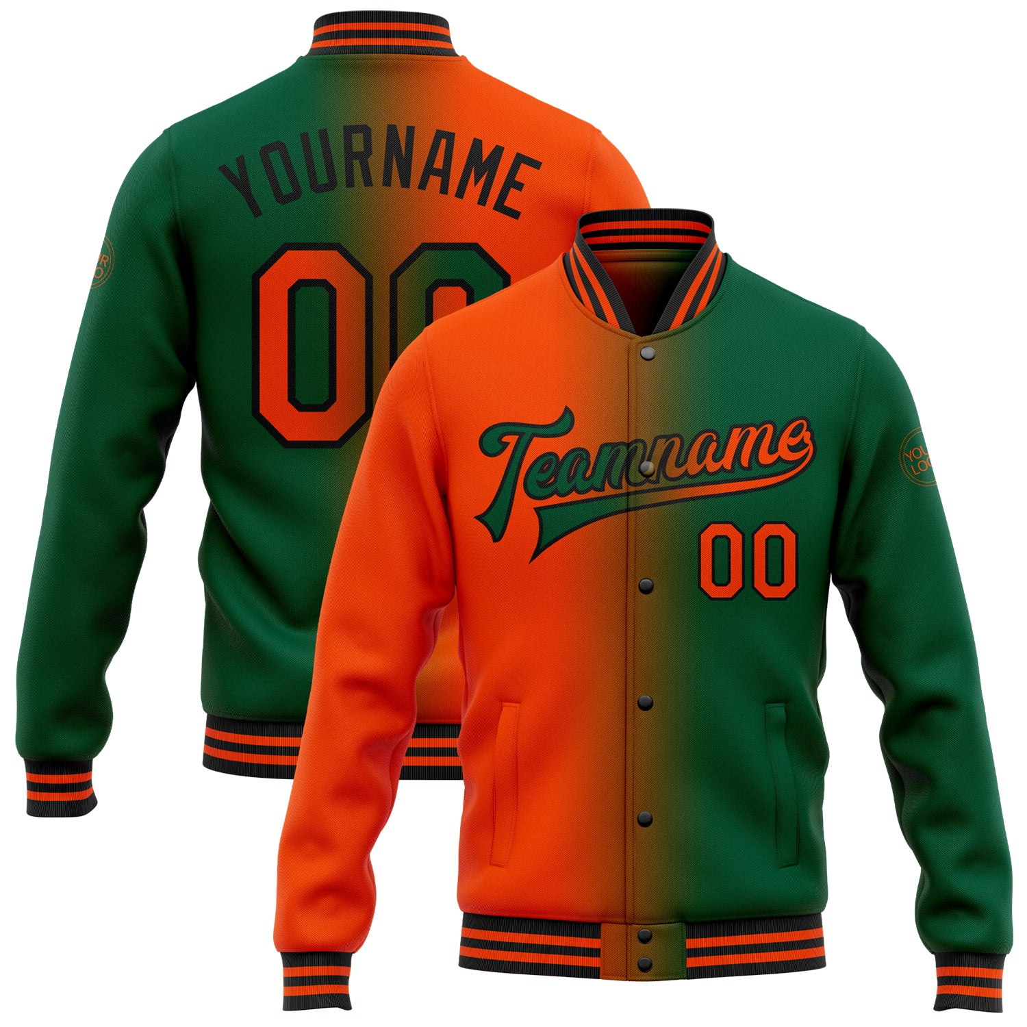 Custom Name Number Gradient Bomber Jacket Orange Black Kelly Green Varsity Letterman Full-Snap Fashion Outerwear Personalized