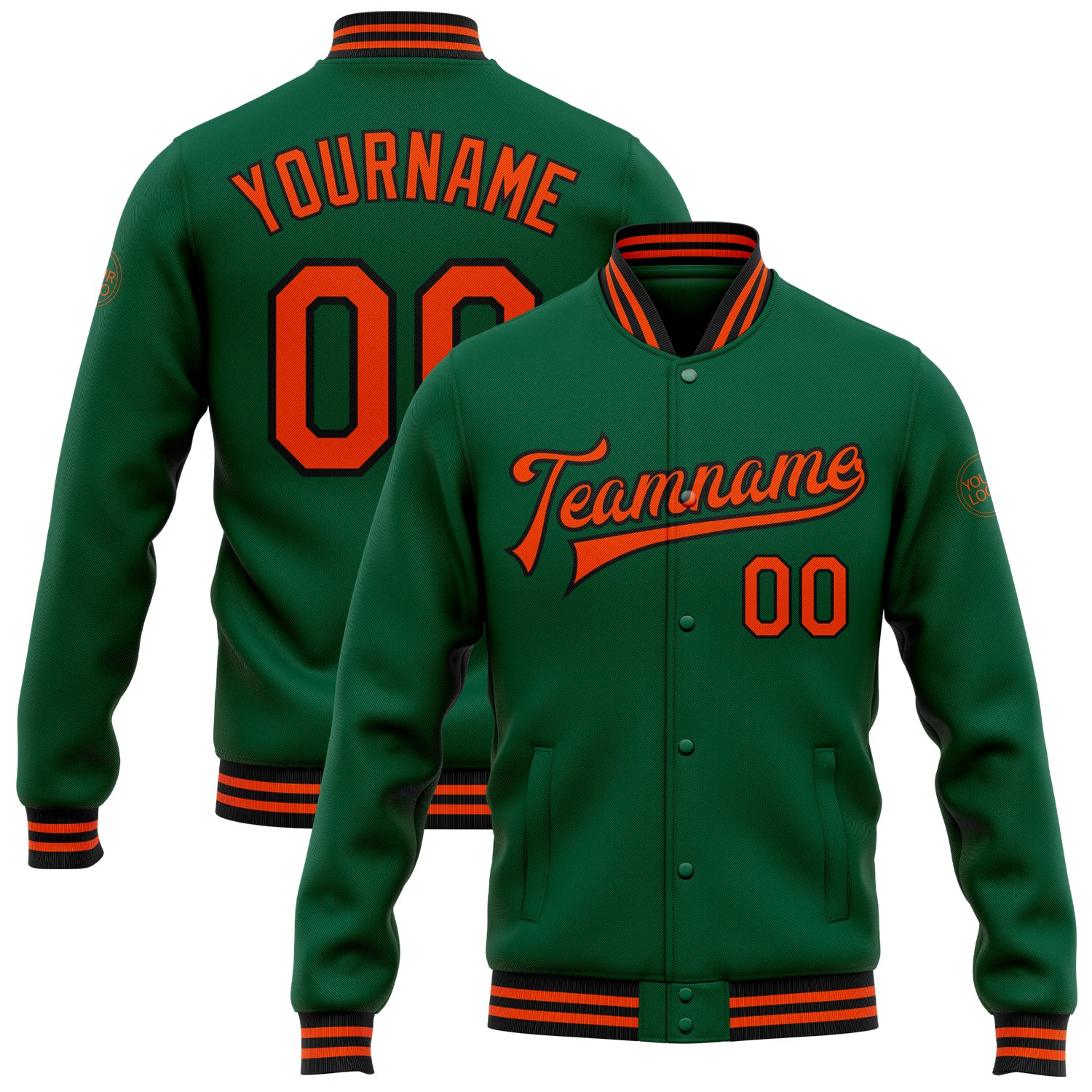 Custom Name Number Bomber Jacket  Full-Snap Varsity Letterman in Kelly Green Orange Black - Personalized Team Apparel Personalized