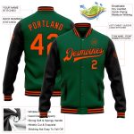 Personalized Two Tone Kelly Green Orange-Black Varsity Letterman Bomber Jacket Personalized Kelly Green Orange-Black Bomber