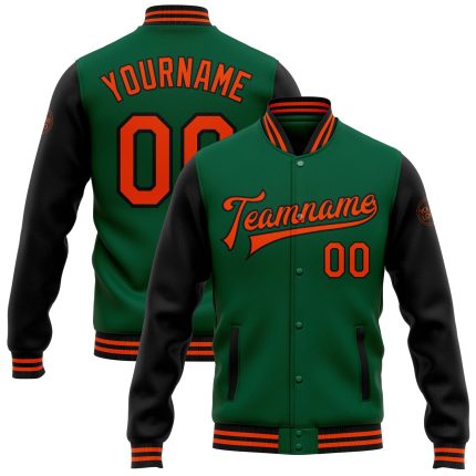 Personalized Two Tone Kelly Green Orange-Black Varsity Letterman Bomber Jacket Personalized Kelly Green Orange-Black Bomber