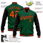 Custom Team Name Number Two-Tone Kelly Green Orange-Black Varsity Letterman Bomber Full-Snap Jacket Personalized Kelly Green