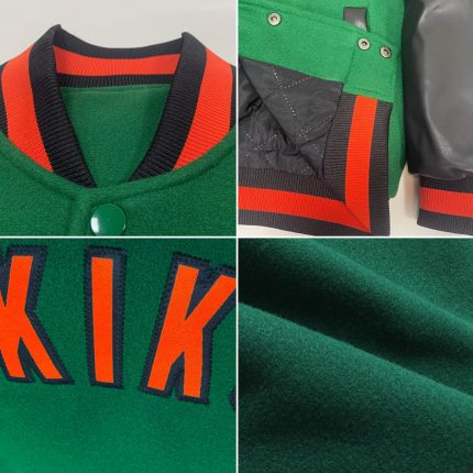 Custom Team Name Number Two-Tone Kelly Green Orange-Black Varsity Letterman Bomber Full-Snap Jacket Personalized Kelly Green