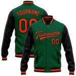 Custom Team Name Number Two-Tone Kelly Green Orange-Black Varsity Letterman Bomber Full-Snap Jacket Personalized Kelly Green