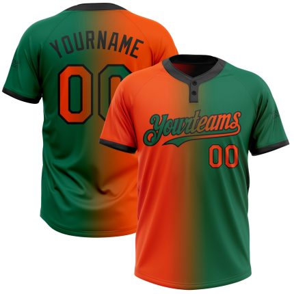 Custom Name and Number Unisex Softball Jersey - Kelly Green Orange-Black Gradient Fashion Two-Button Design Personalized