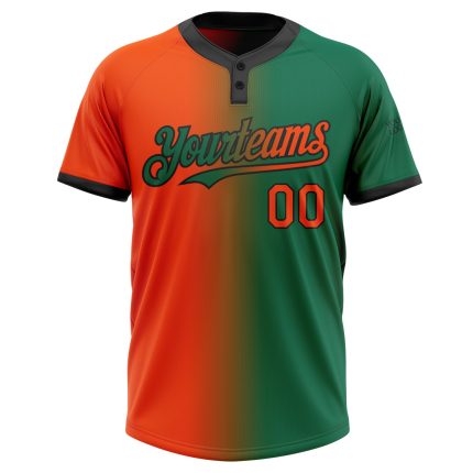 Custom Name and Number Unisex Softball Jersey - Kelly Green Orange-Black Gradient Fashion Two-Button Design Personalized