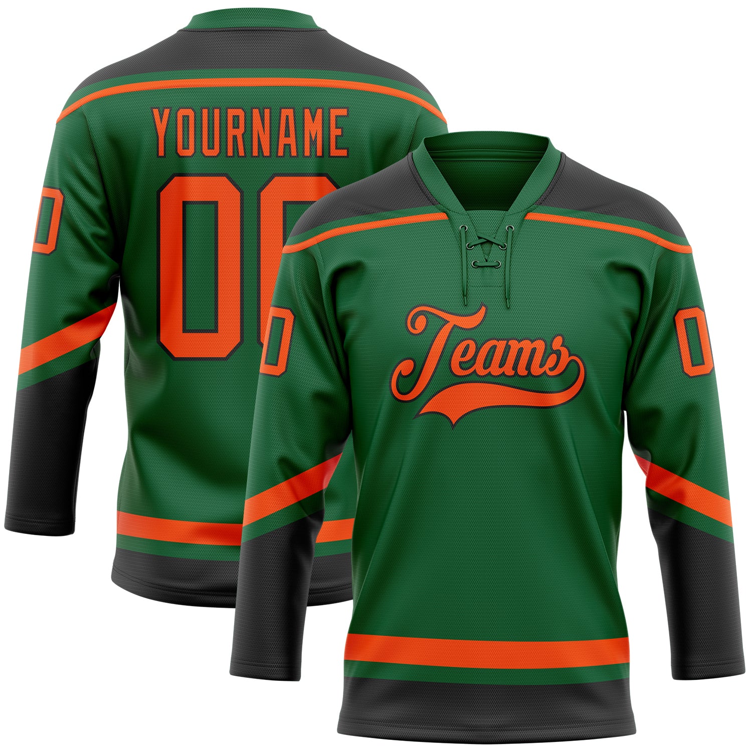 Custom Name and Number Hockey Jersey for Team - Personalized Kelly Green with Orange-Black Lace Neck Personalized Kelly Green