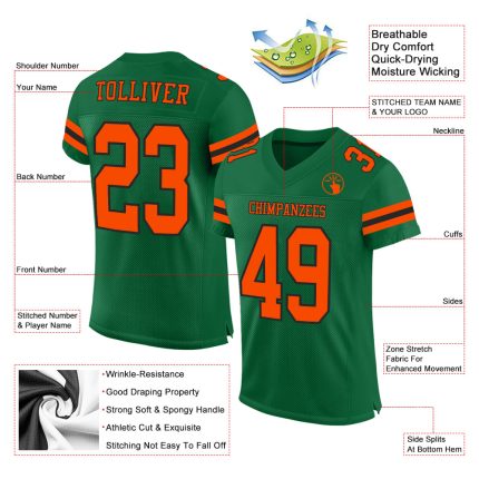 Custom Personalized Football Jersey with Name and Number - Kelly Green Orange-Black Mesh Authentic Team Apparel Personalized