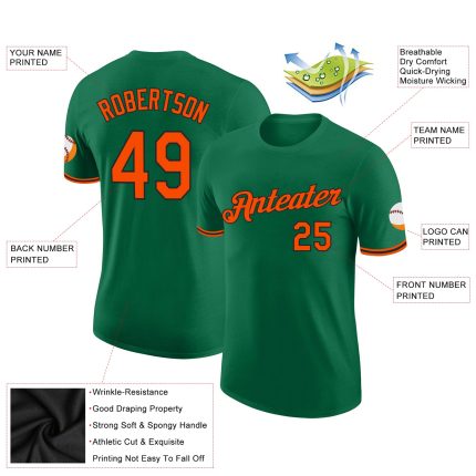 Custom Team T-Shirt with Name and Number - Kelly Green Orange-Black Performance Tee Personalized Kelly Green Orange-Black