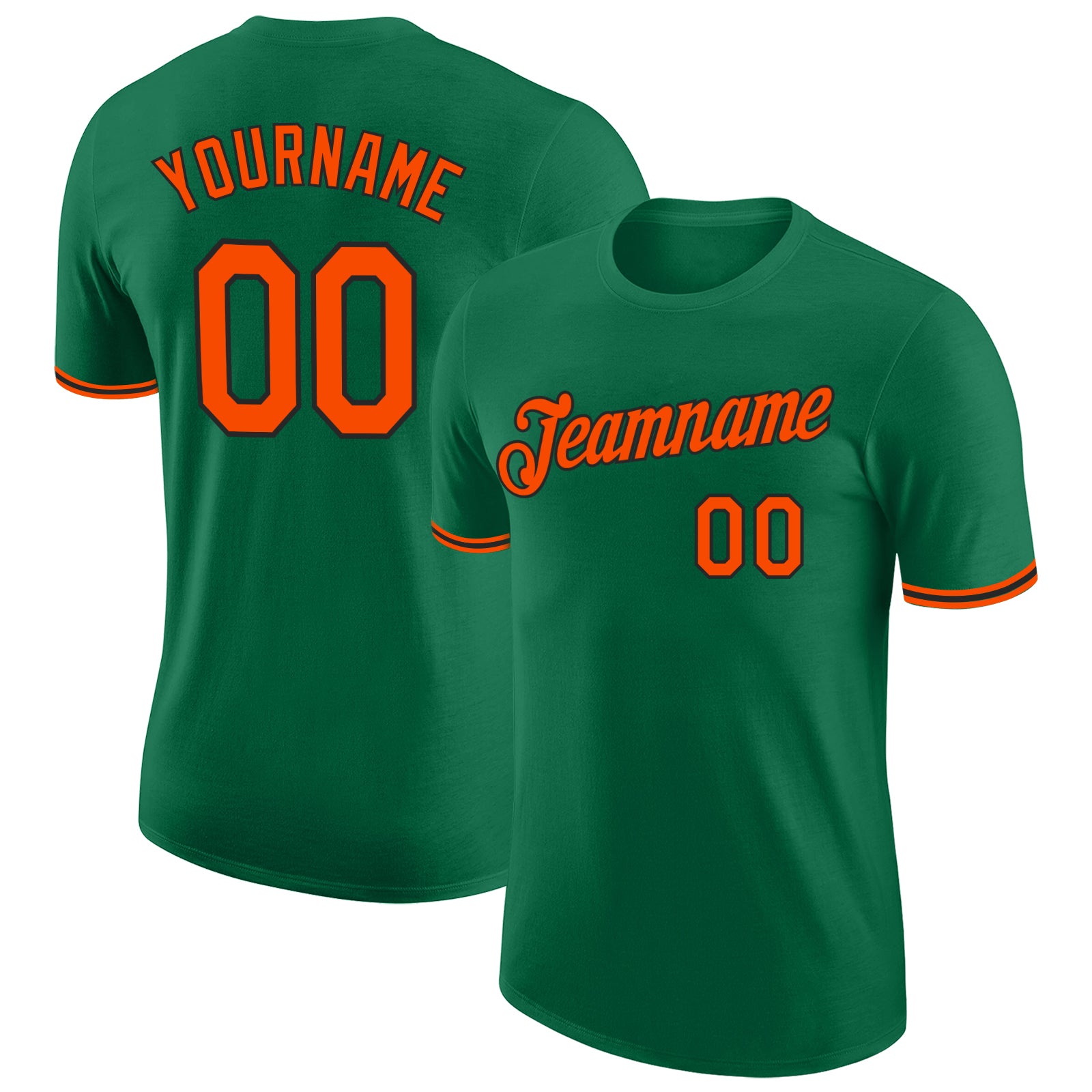 Custom Team T-Shirt with Name and Number - Kelly Green Orange-Black Performance Tee Personalized Kelly Green Orange-Black