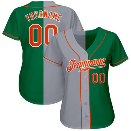 Custom Name and Number Authentic Split Baseball Jersey in Kelly Green, Orange, and Gray - Team Fashion Style Personalized