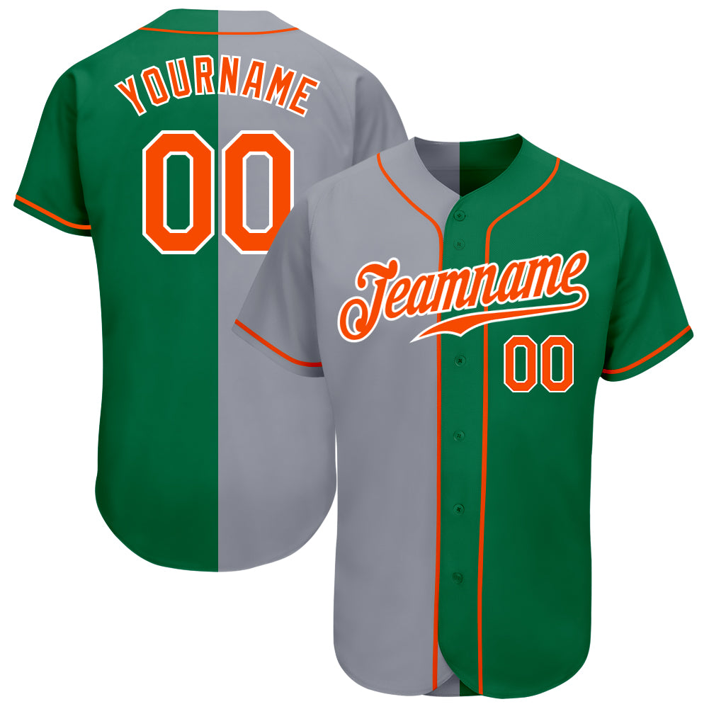 Custom Name and Number Authentic Split Baseball Jersey in Kelly Green, Orange, and Gray - Team Fashion Style Personalized