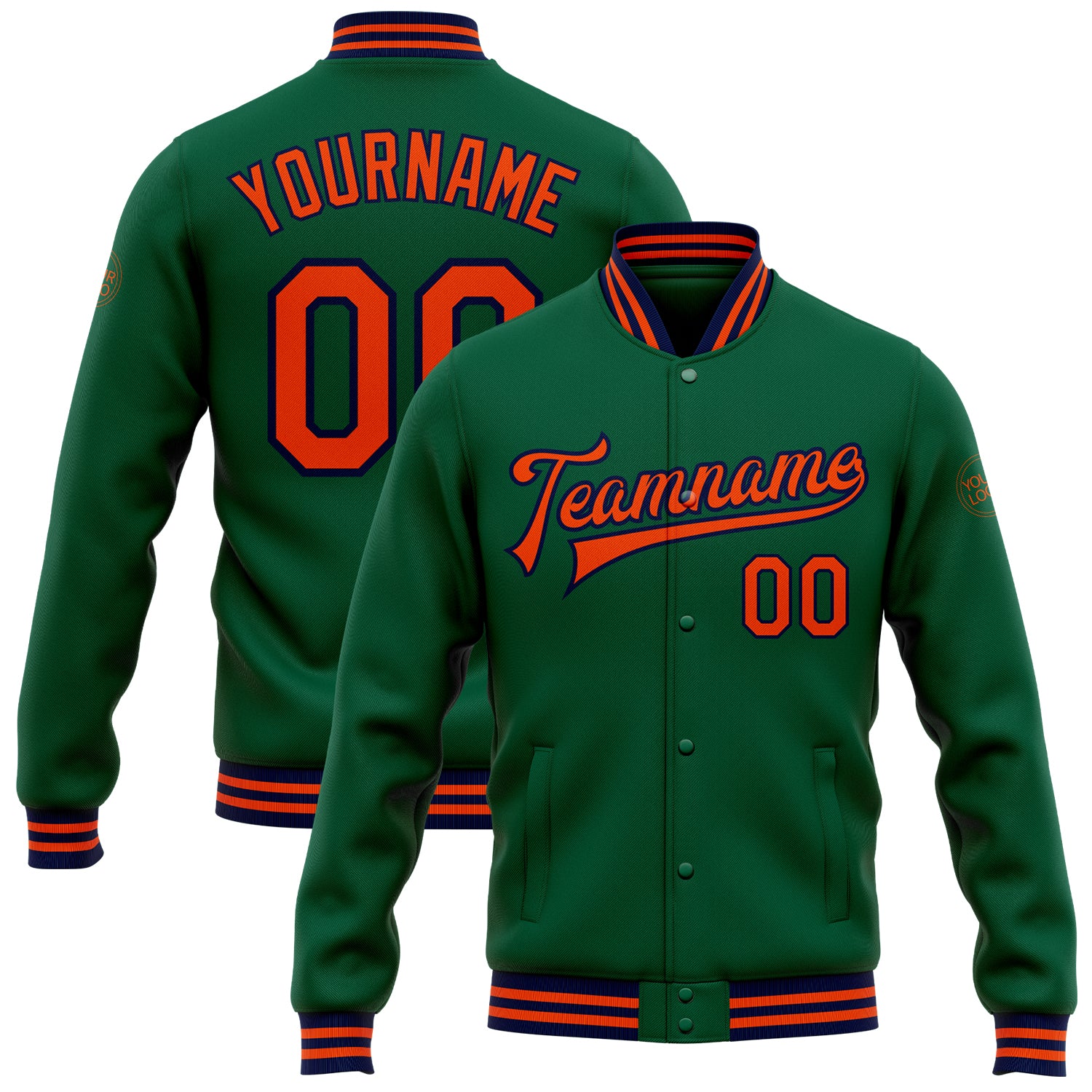 Custom Name Number Bomber Jacket - Personalized Kelly Green Orange Navy Varsity Letterman Full-Snap Jacket Personalized Kelly