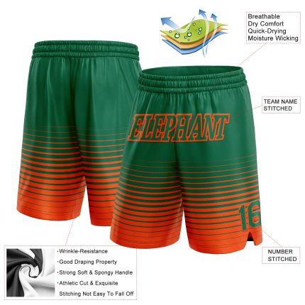 Custom Name and Number Basketball Shorts Authentic Fashion Kelly Green with Orange Pinstripe Fade Personalized Kelly Green