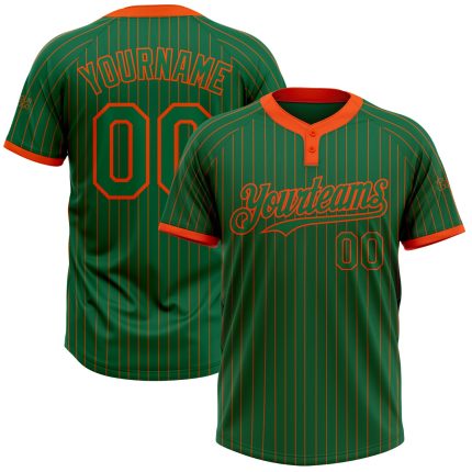 Custom Name and Number Unisex Softball Jersey in Kelly Green with Orange Pinstripe - Two-Button Design Personalized Kelly