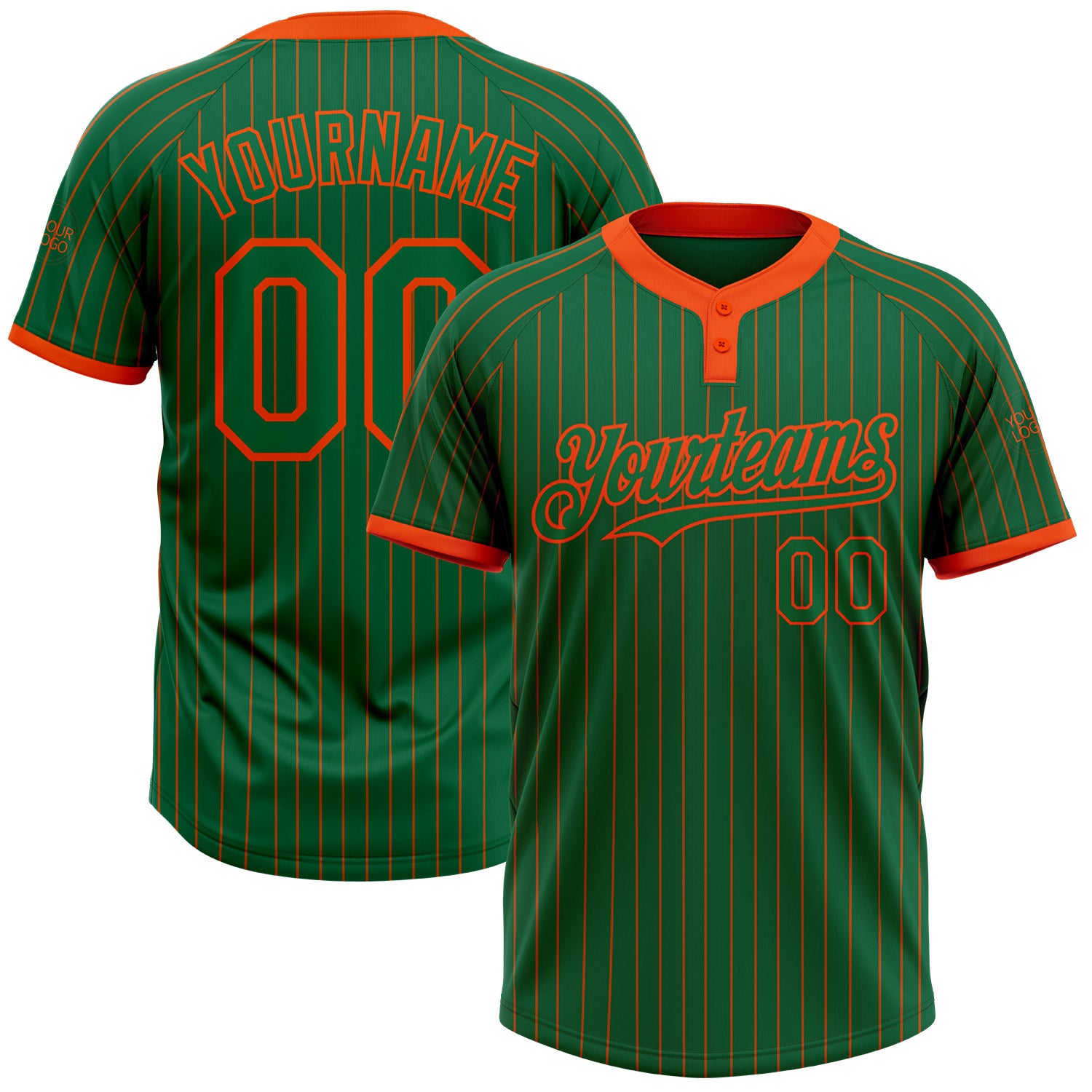 Custom Name and Number Unisex Softball Jersey in Kelly Green with Orange Pinstripe - Two-Button Design Personalized Kelly