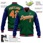 Custom Name and Number Two Tone Bomber Varsity Letterman Jacket - Kelly Green Orange-Royal Personalized Kelly Green Orange-Royal