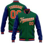 Custom Name and Number Two Tone Bomber Varsity Letterman Jacket - Kelly Green Orange-Royal Personalized Kelly Green Orange-Royal