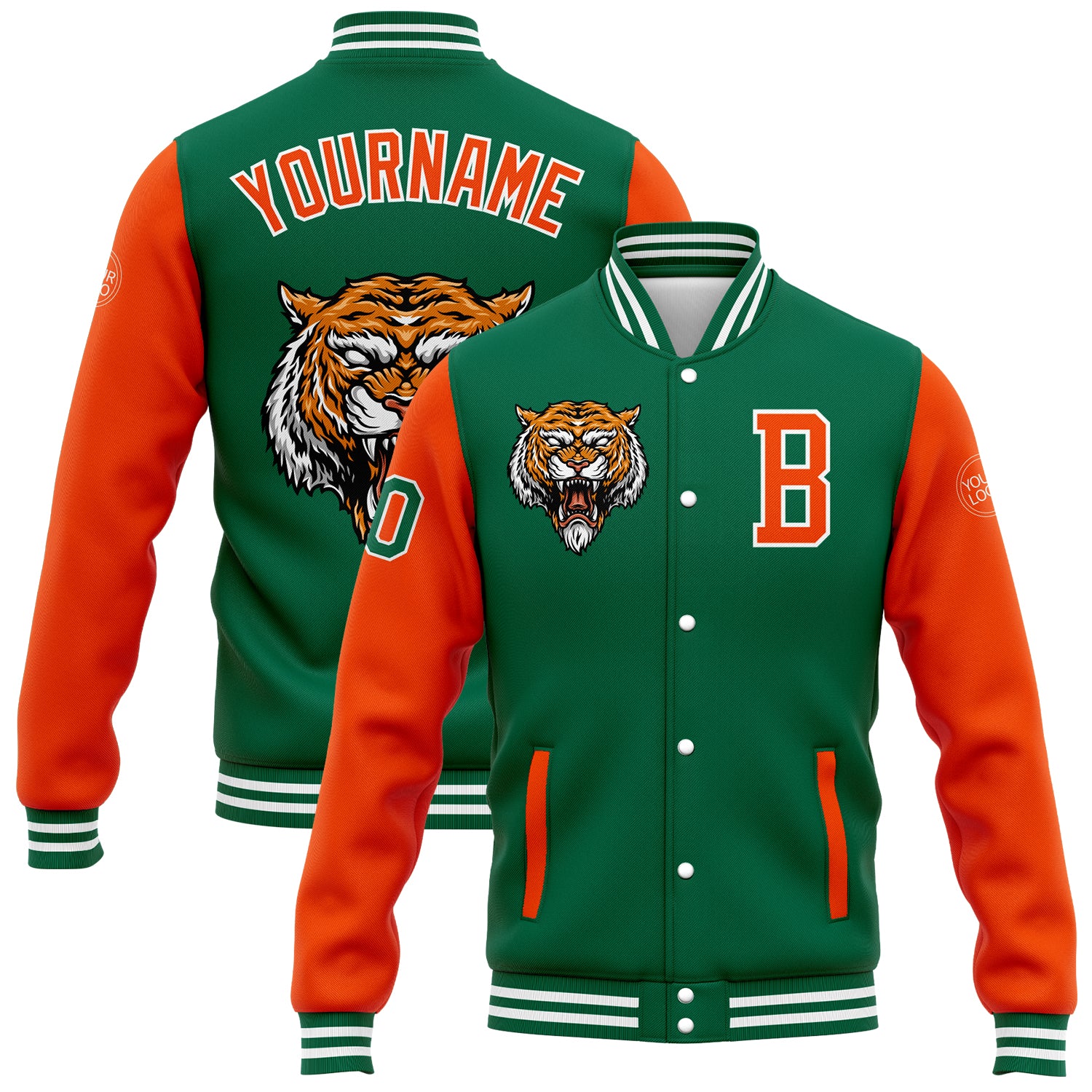 Custom Name Number Kelly Green Orange-White 3D Pattern Varsity Letterman Bomber Jacket Personalized Kelly Green Orange-White