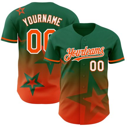 Personalized Twinkle Star Baseball Jersey with Custom Name and Number in Kelly Green, Orange-White 3D Gradient Design Personalized