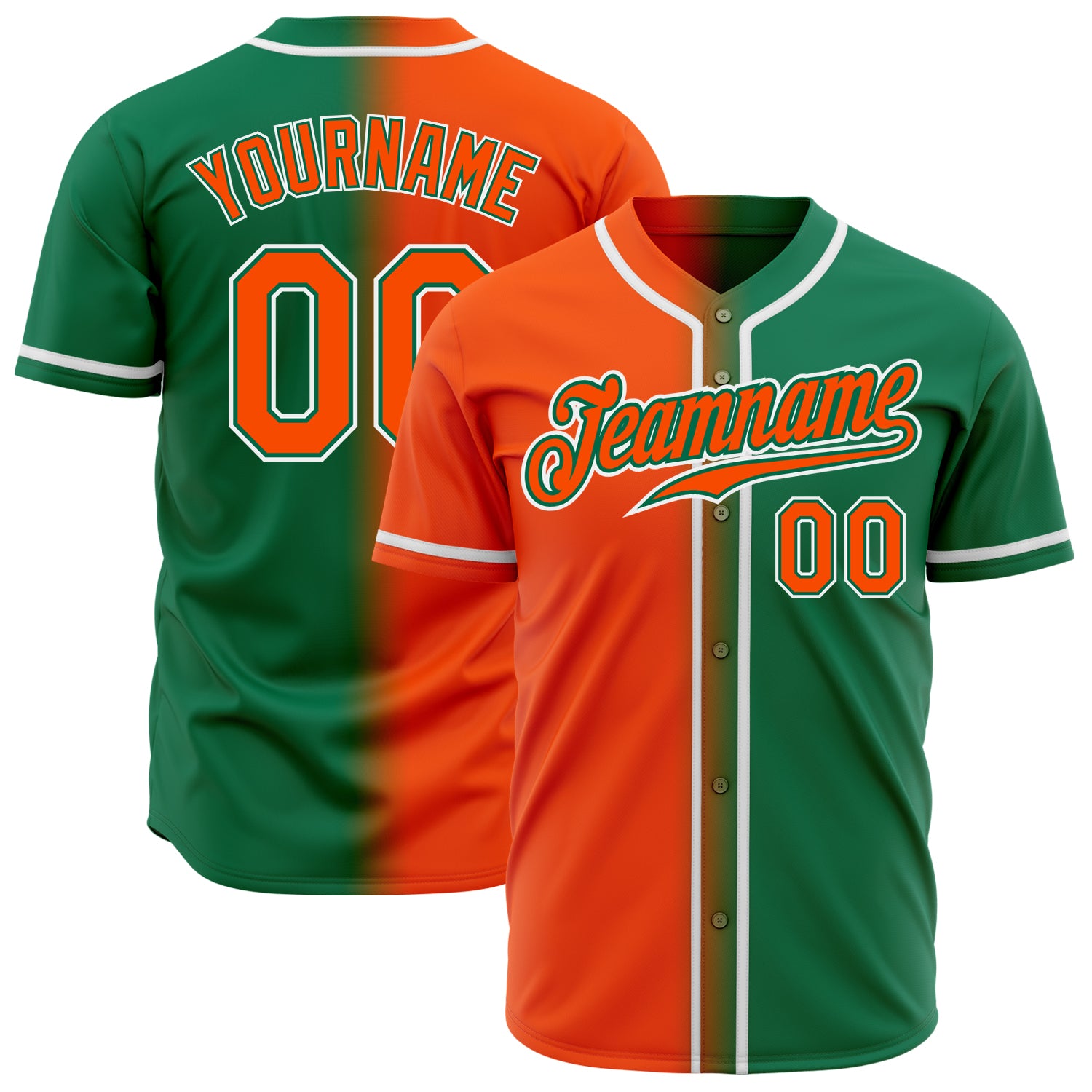 Custom Name Number Baseball Jersey - Authentic Gradient Design in Kelly Green, Orange and White - Personalized Team Apparel