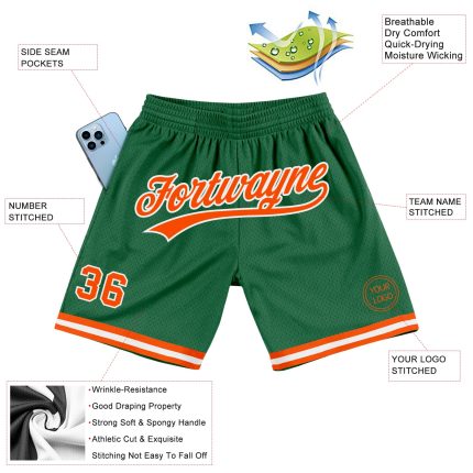 Personalized Authentic Throwback Basketball Shorts in Kelly Green and Orange-White Personalized Kelly Green Orange-White