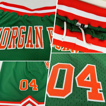Custom Name Number Basketball Shorts - Authentic Kelly Green Orange-White Throwback Style Personalized Kelly Green Orange-White