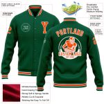 Personalized Varsity Bomber Jacket in Kelly Green Orange-White Full-Snap Style Personalized Kelly Green Orange-White Bomber