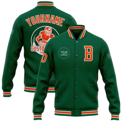 Personalized Varsity Bomber Jacket in Kelly Green Orange-White Full-Snap Style Personalized Kelly Green Orange-White Bomber
