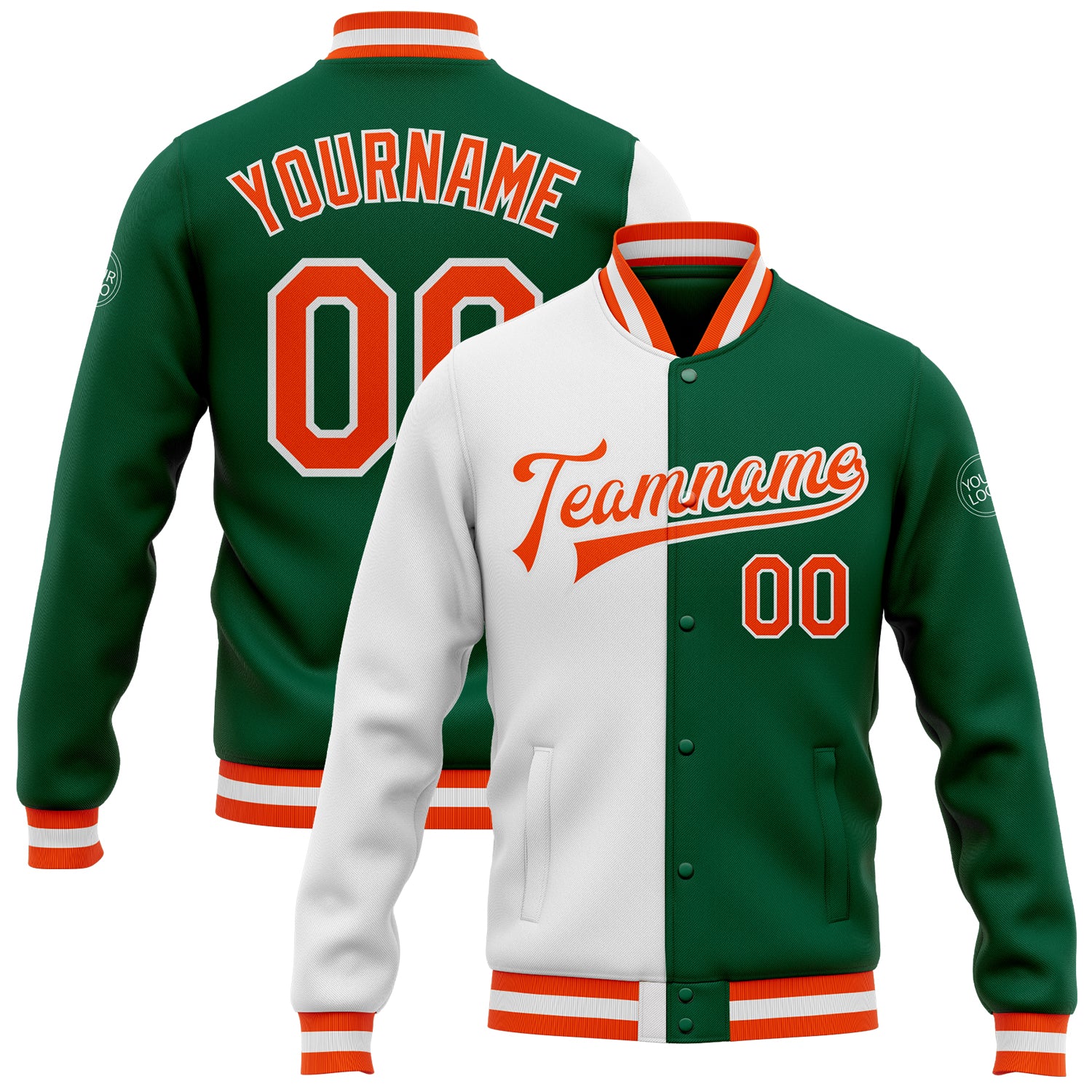 Custom Team Name Number Kelly Green Orange-White Bomber Varsity Letterman Split Fashion Jacket Personalized Kelly Green Orange-White