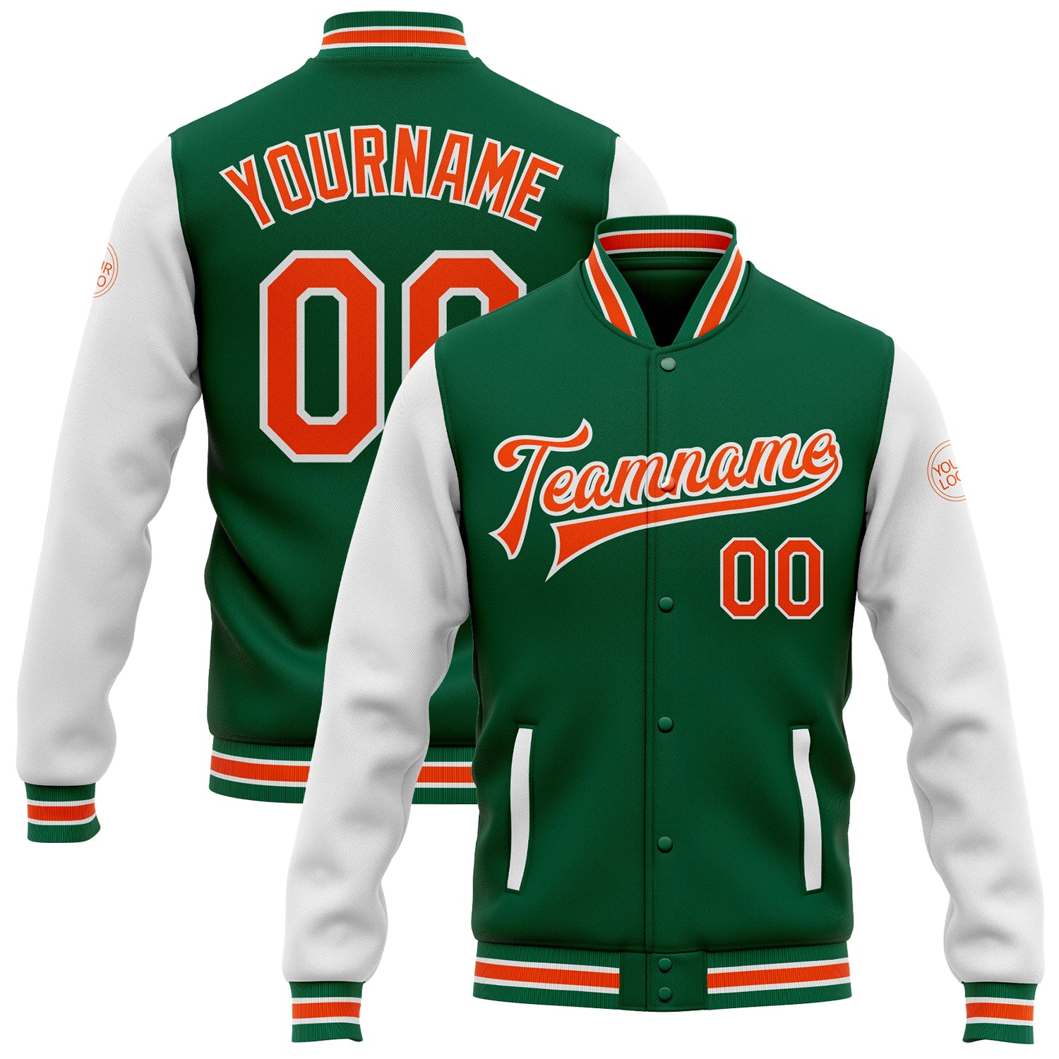 Custom Team Name and Number Two-Tone Bomber Jacket Green Orange White Full-Snap Varsity Letterman Personalized Kelly Green