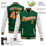Custom Team Name and Number Two-Tone Bomber Jacket Green Orange White Full-Snap Varsity Letterman Personalized Kelly Green