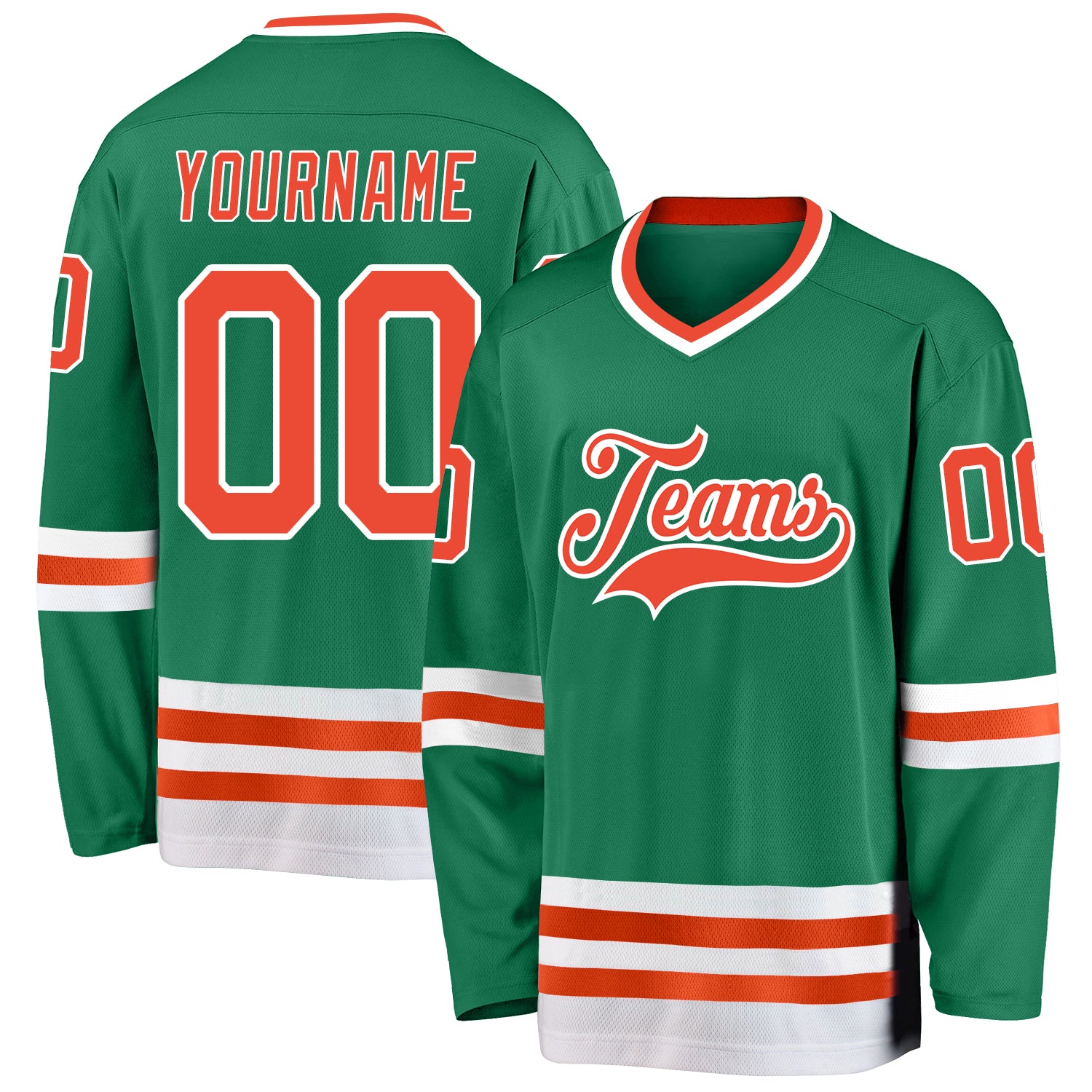 Custom Team Hockey Jersey with Personalized Name & Number - Kelly Green, Orange & White Personalized Kelly Green Orange-White