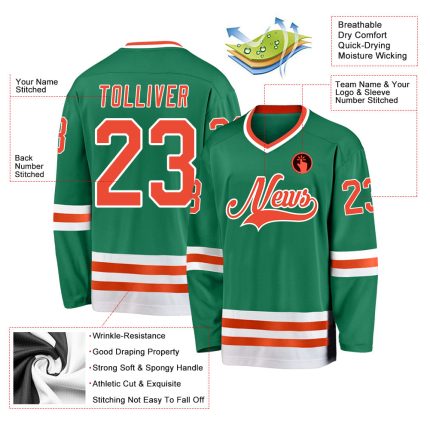 Custom Team Hockey Jersey with Personalized Name & Number - Kelly Green, Orange & White Personalized Kelly Green Orange-White