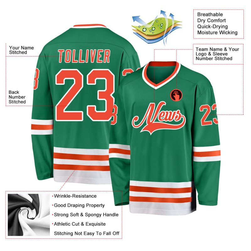 Custom Team Hockey Jersey with Personalized Name & Number - Kelly Green, Orange & White Personalized Kelly Green Orange-White
