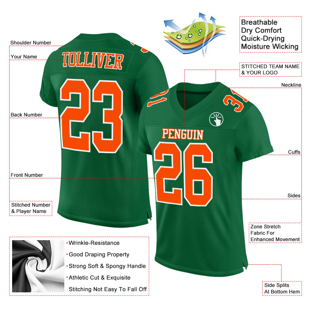 Personalized Kelly Green Orange-White Mesh Authentic Football Jersey Team Custom Name and Number Custom Name Number Football Jersey - Personalized Kelly Green Orange-White Mesh Authentic Team Jersey Personalized Kelly - Image 2