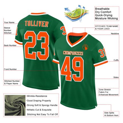 Custom Personalized Throwback Football Jersey - Kelly Green / Orange-White, Team Name & Number Personalized Kelly Green Orange-White