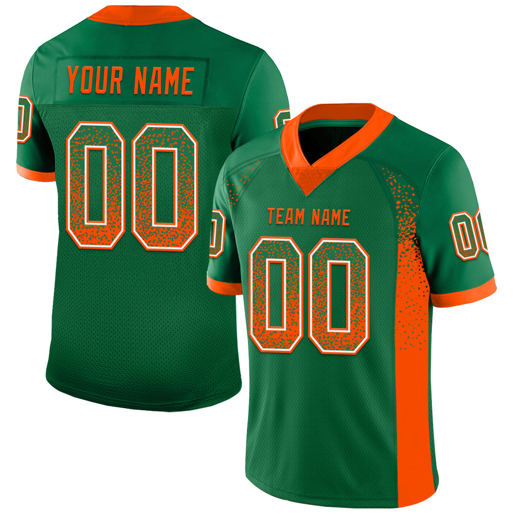 Custom Name and Number Mesh Football Jersey in Kelly Green with Orange-White Drift Design - Personalized Team Apparel Personalized