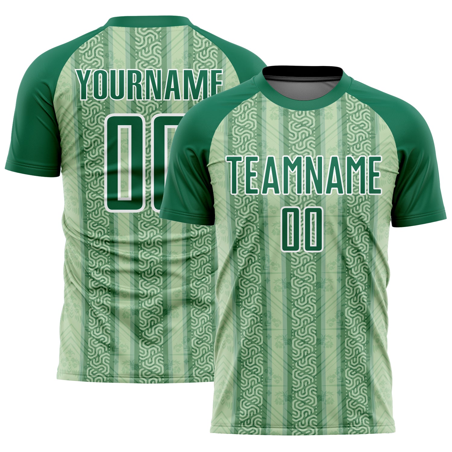Custom Name and Number Soccer Jersey - Personalized Ethnic Stripes in Kelly Green and Pea Green for Teams Personalized Kelly