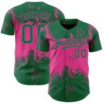Custom 3D Pattern Baseball Jersey with Team Name and Number, Personalized Kelly Green and Pink Abstract Splatter Design Personalized