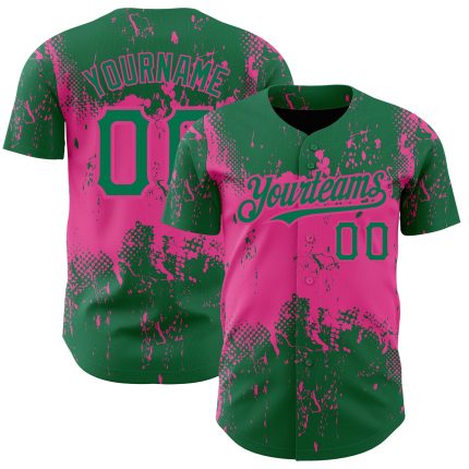 Custom 3D Pattern Baseball Jersey with Team Name and Number, Personalized Kelly Green and Pink Abstract Splatter Design Personalized