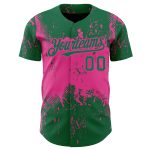 Custom 3D Pattern Baseball Jersey with Team Name and Number, Personalized Kelly Green and Pink Abstract Splatter Design Personalized