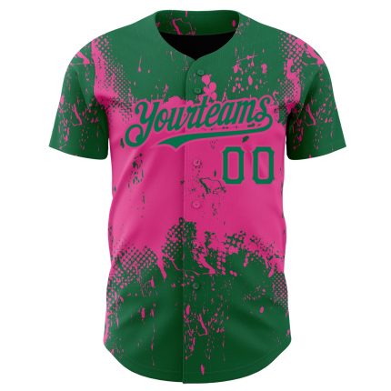Custom 3D Pattern Baseball Jersey with Team Name and Number, Personalized Kelly Green and Pink Abstract Splatter Design Personalized