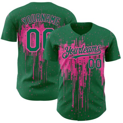 Custom Baseball Jersey with 3D Dripping Splatter Art in Kelly Green and Pink - Personalized Name and Number Personalized